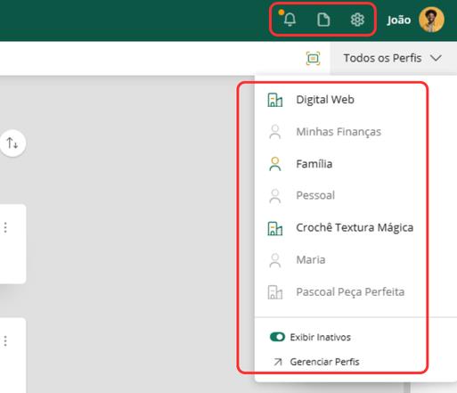Acessando notificações, configurações e perfis