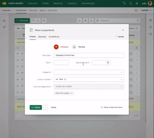 Registrando uma compra parcelada