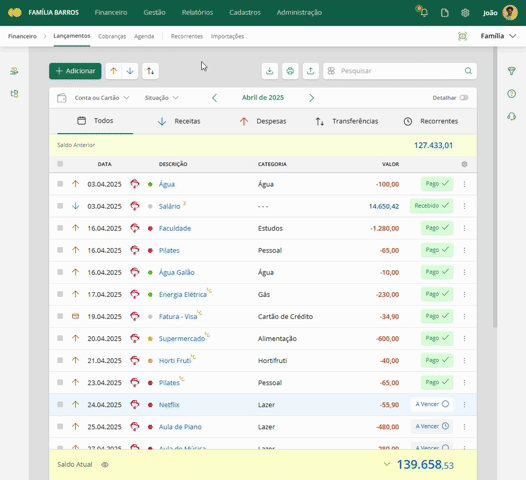 Registrando uma transferência entre contas