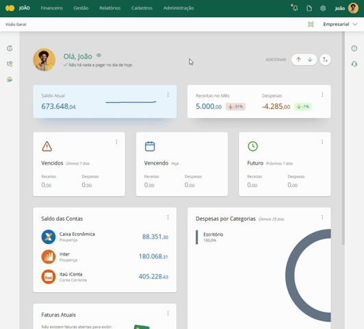 Configurando os saldos