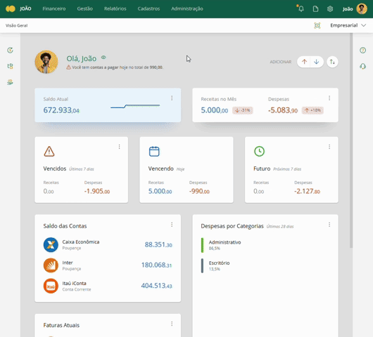 Saldo das contas, despesas por categoria e faturas atuais