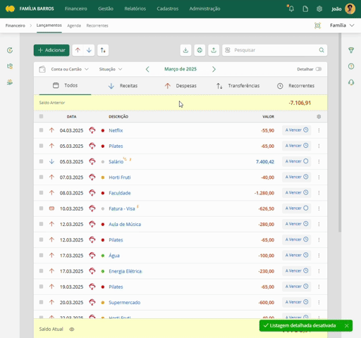 Filtrando o detalhe de um lançamento