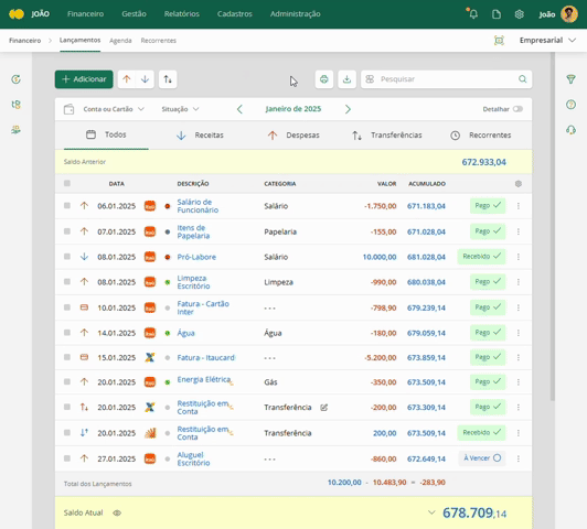 Realizando filtros de conta e situação