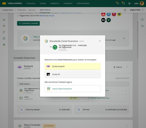Vinculando conta financeira