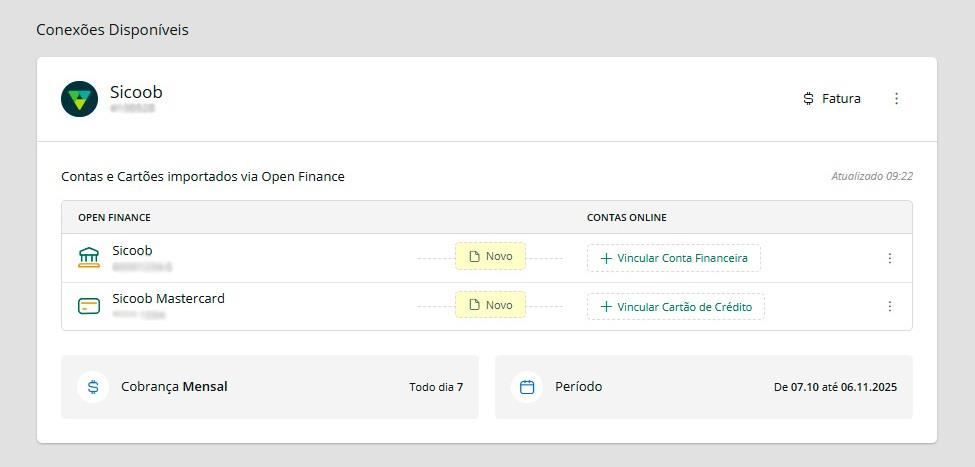 Contas e cartões importados via Open Finance