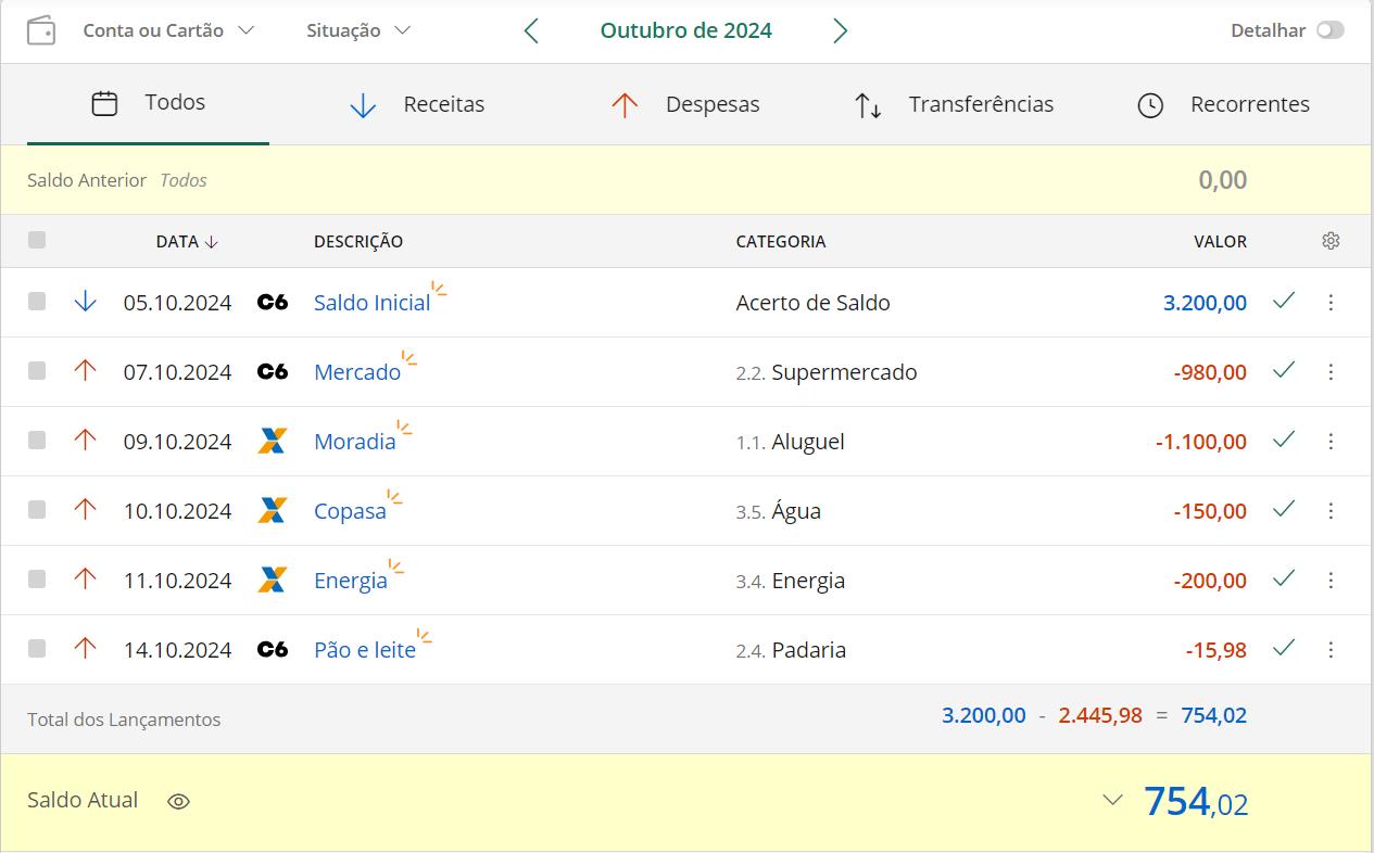 Contas Online: tela de lançamentos
