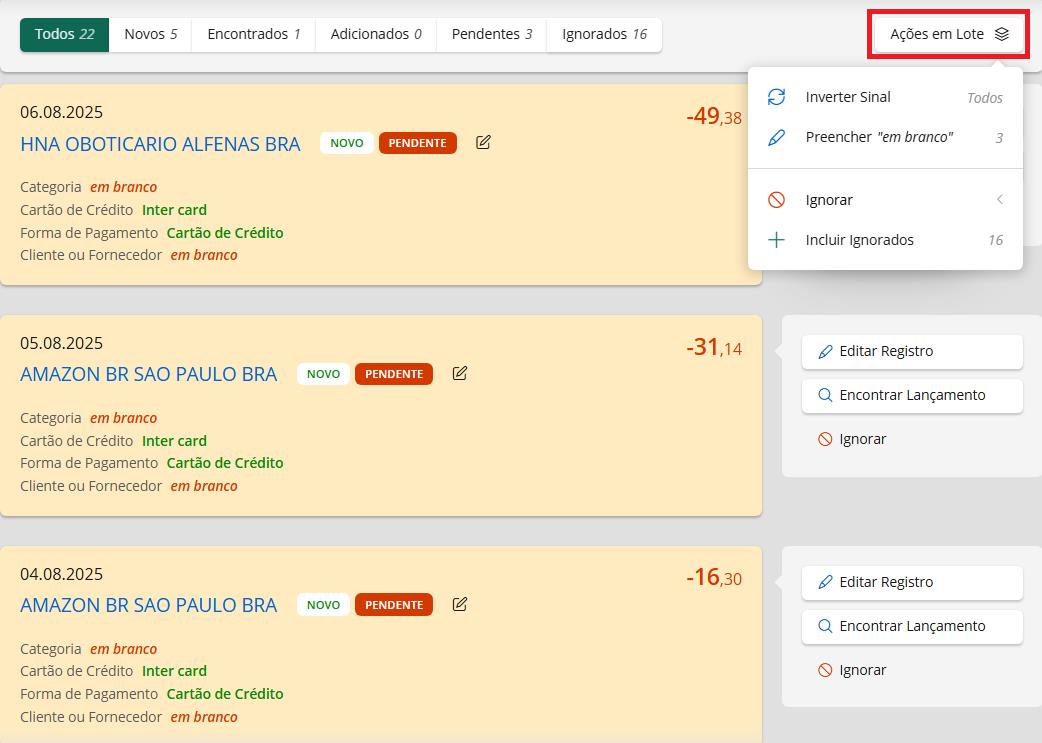 Ações em lote