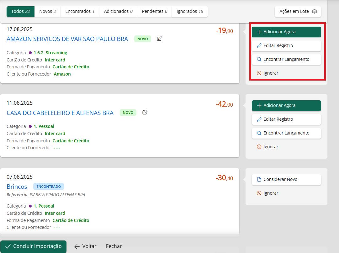 Opções para editar lançamento individualmente